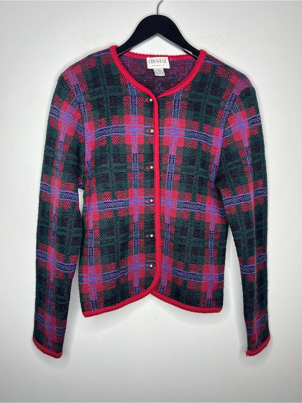 Vintage 100% Wool Cardigan Plaid Nordic Red Green Gold Buttons Size M Old Money - Picture 6 of 13